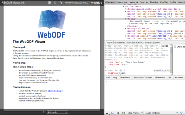 Inspecting a document in the WebODF Viewer.